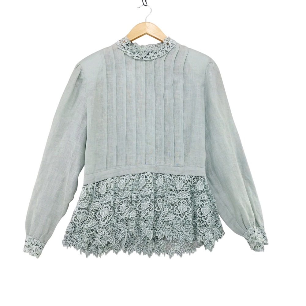 Vintage Cloak of‎ Many Colors Blouse 16 Sage Green Linen Lace Pleated Peplum